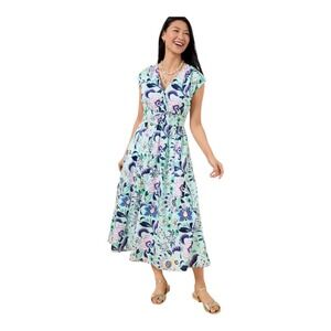 Talbots Women's 6 Blue Cotton Lined Jacobean Floral Pockets Voile Midi Dress